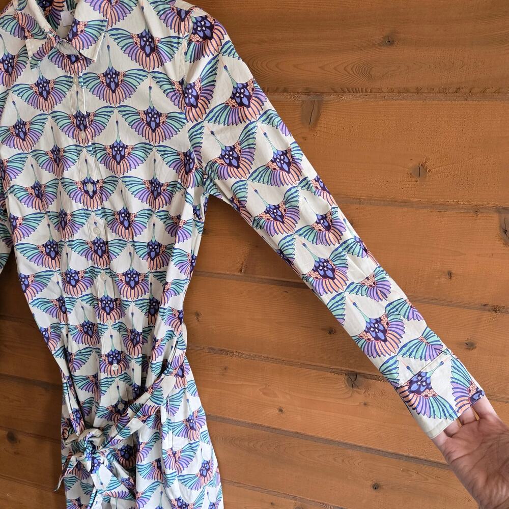 Untuckit Peyton Shirtdress Swan Print Midi 2 Stretchy Cotton Belted Button Prep - Picture 5 of 6